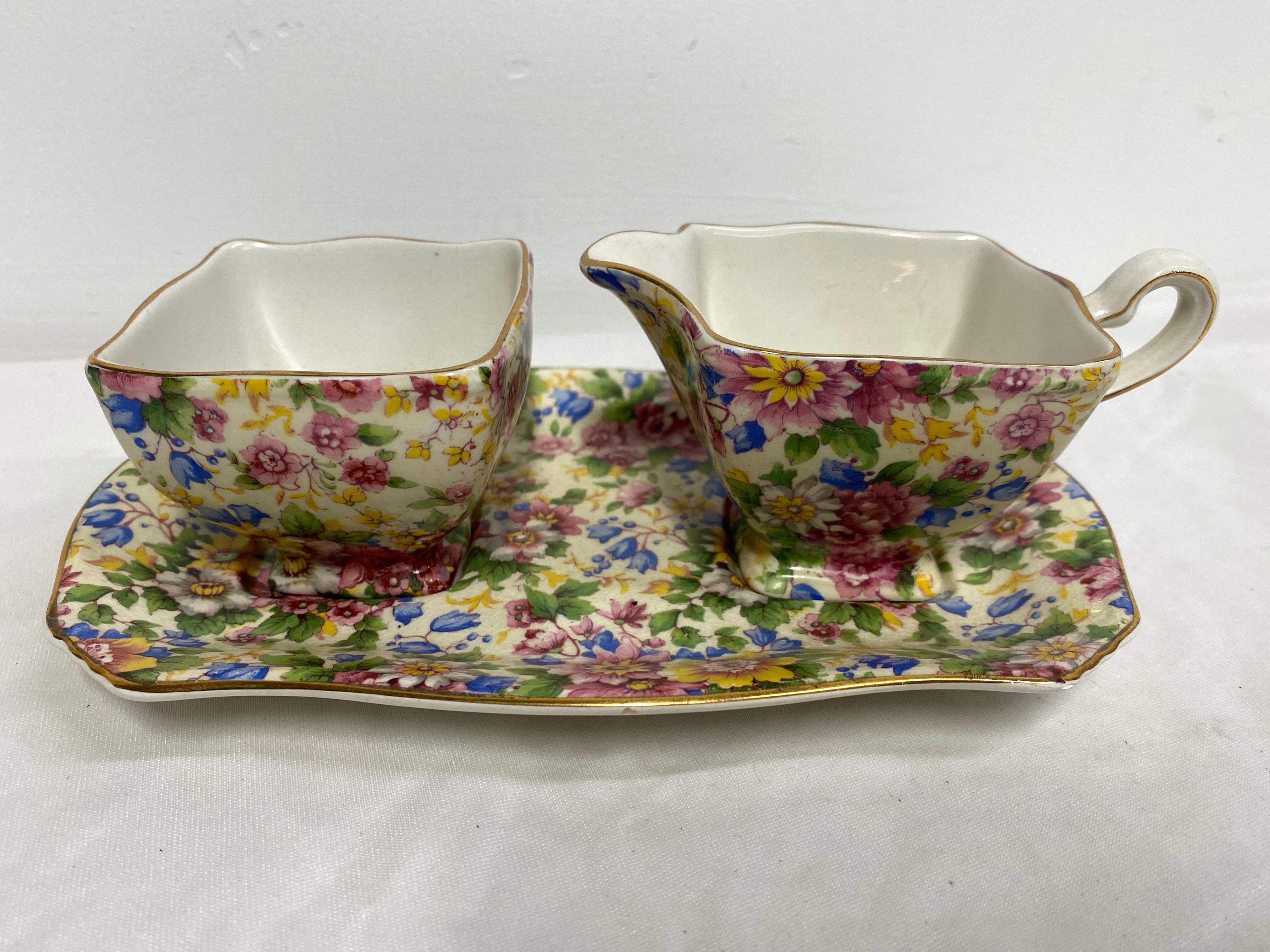 Royal Winton Chintz Summertime Ascot Creamer Open Sugar Tray Set Grimwades 775