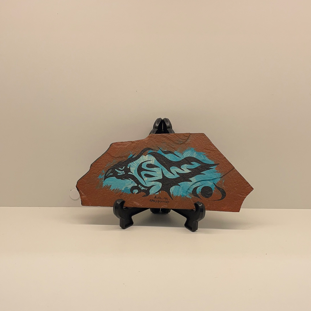 Noah Sainnawap original artwork painted on Shale Eagle painting in blue and black.