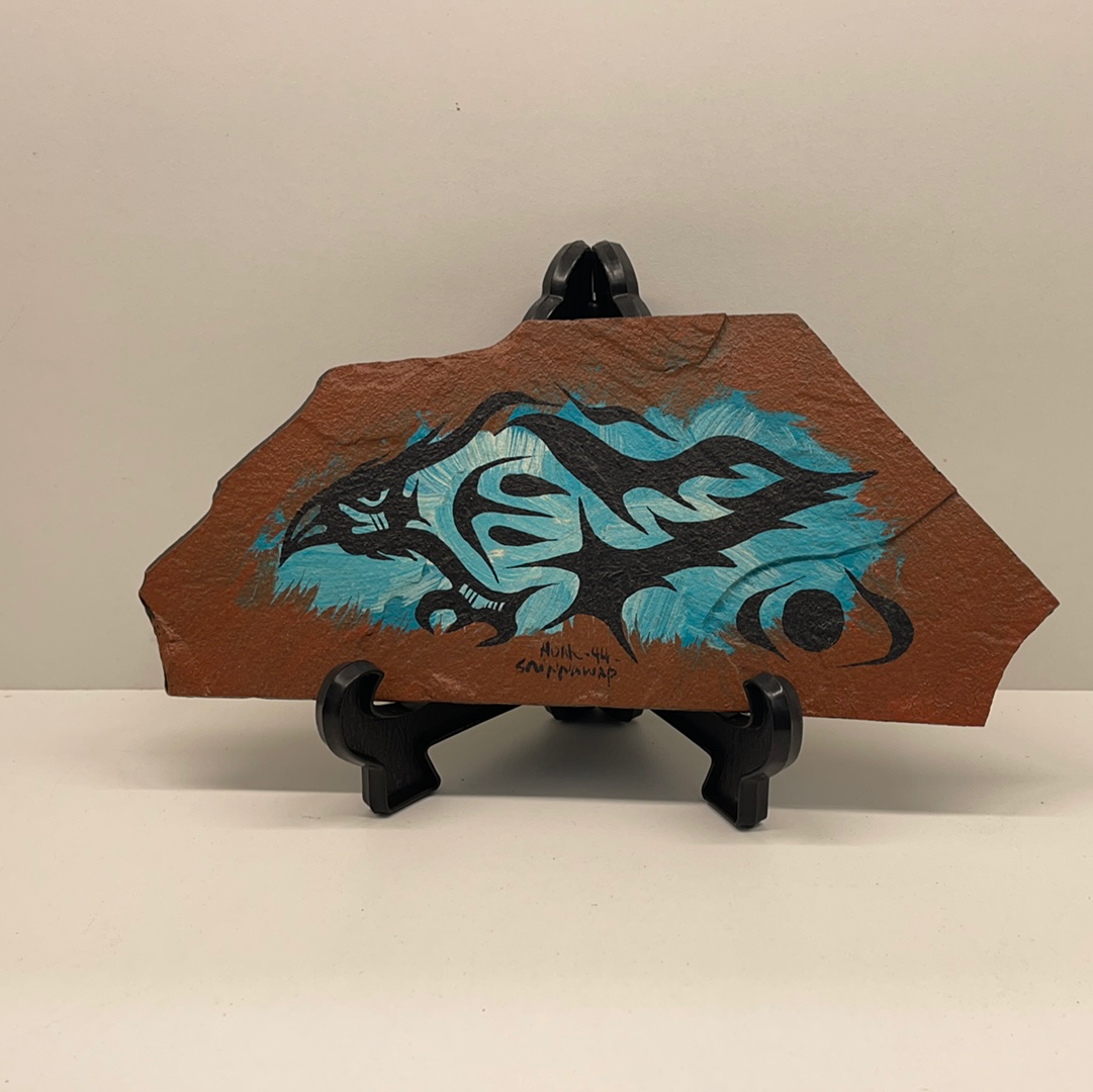 Noah Sainnawap original artwork painted on Shale Eagle painting in blue and black.